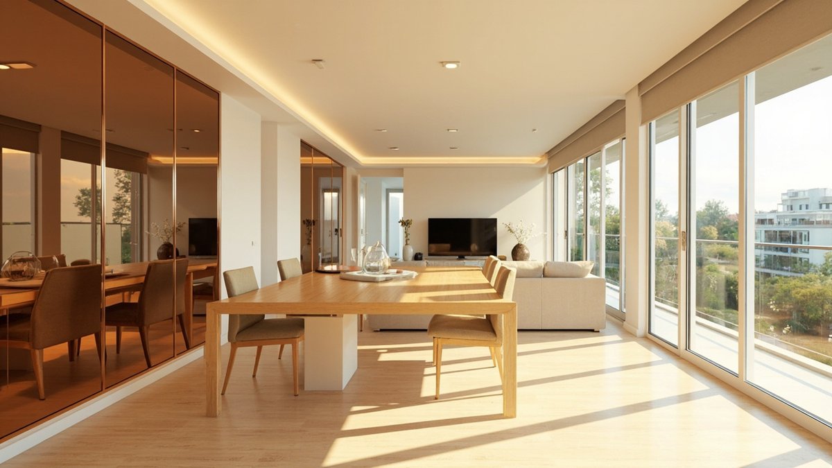 Illustrative concept design: condo living-dining room with tall bronze-tinted mirror panels along one wall reflecting the oak dining table