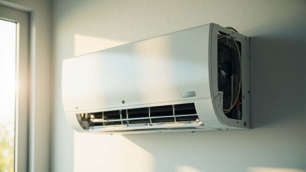 Wall split-unit air conditioner opened showing the blower