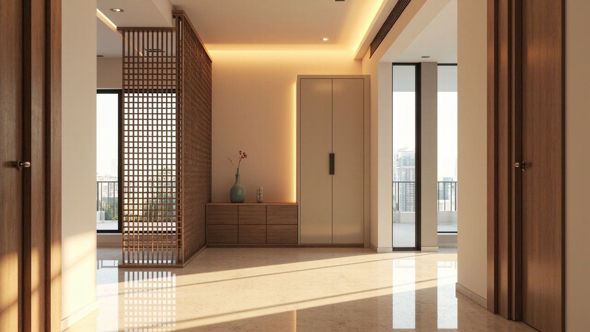 Illustrative concept design: condo foyer with a full-height walnut lattice screen, a low walnut cabinet with a celadon vase and a polished floor