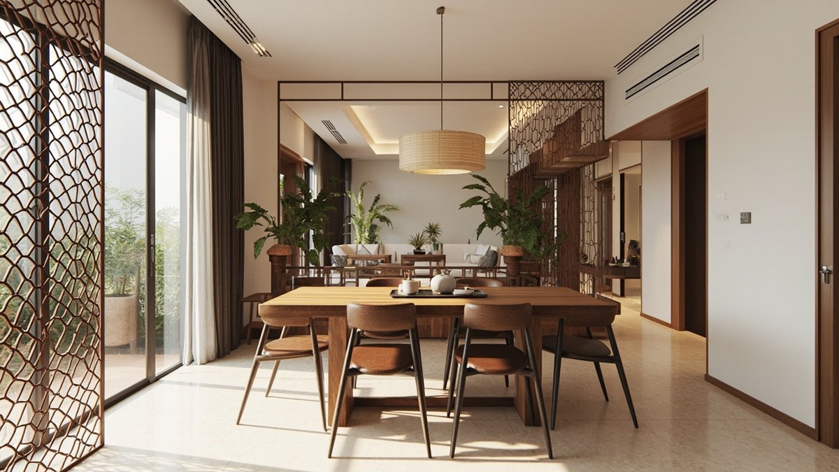 Illustrative concept design: condo dining area with a bronze lattice screen dividing it from the living room and a walnut dining table