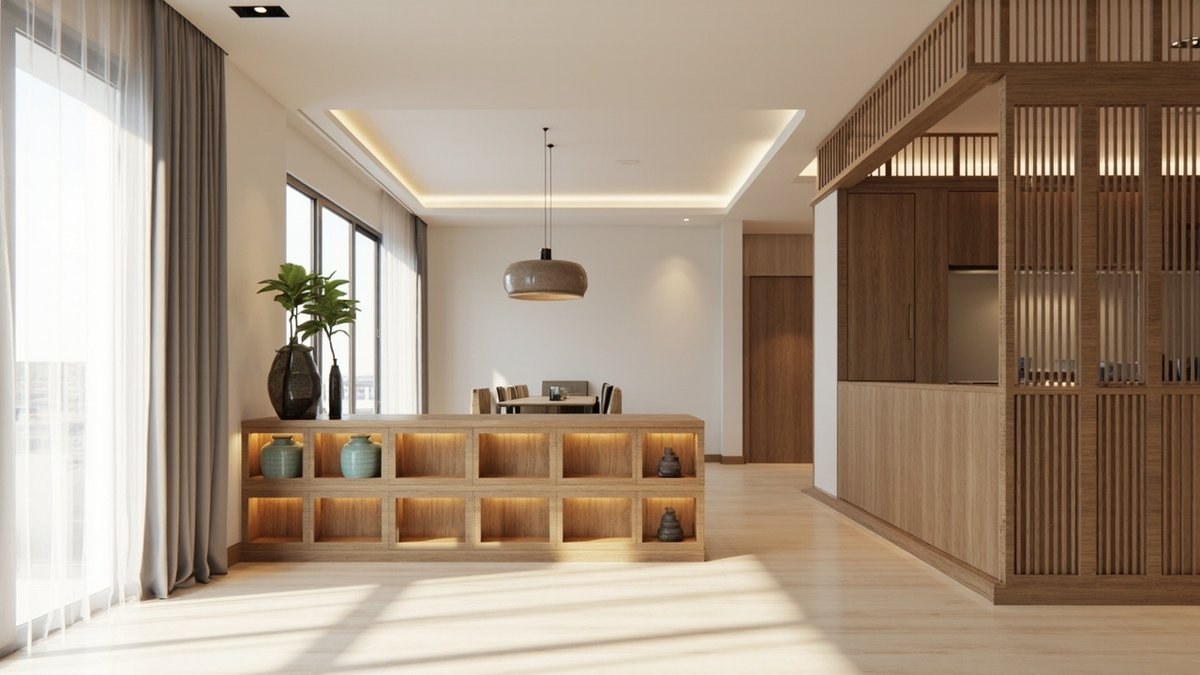 Illustrative concept design: low oak cubby unit with warm-lit openings and celadon jars dividing a condo living area from the dining area