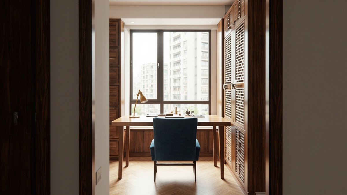 Illustrative concept design: study seen through a doorway with tall dark timber lattice-door cabinets, a walnut desk and an indigo armchair