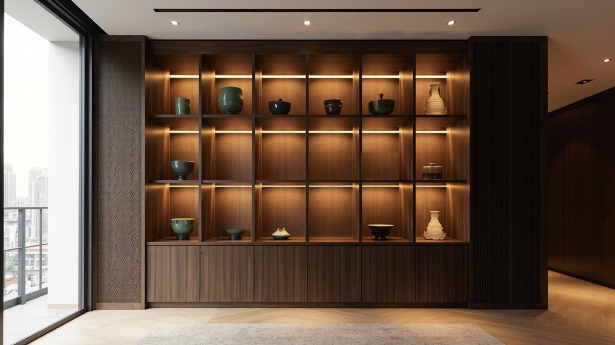 Illustrative concept design: dark walnut display wall with warm-lit niches holding celadon bowls and vases above closed doors
