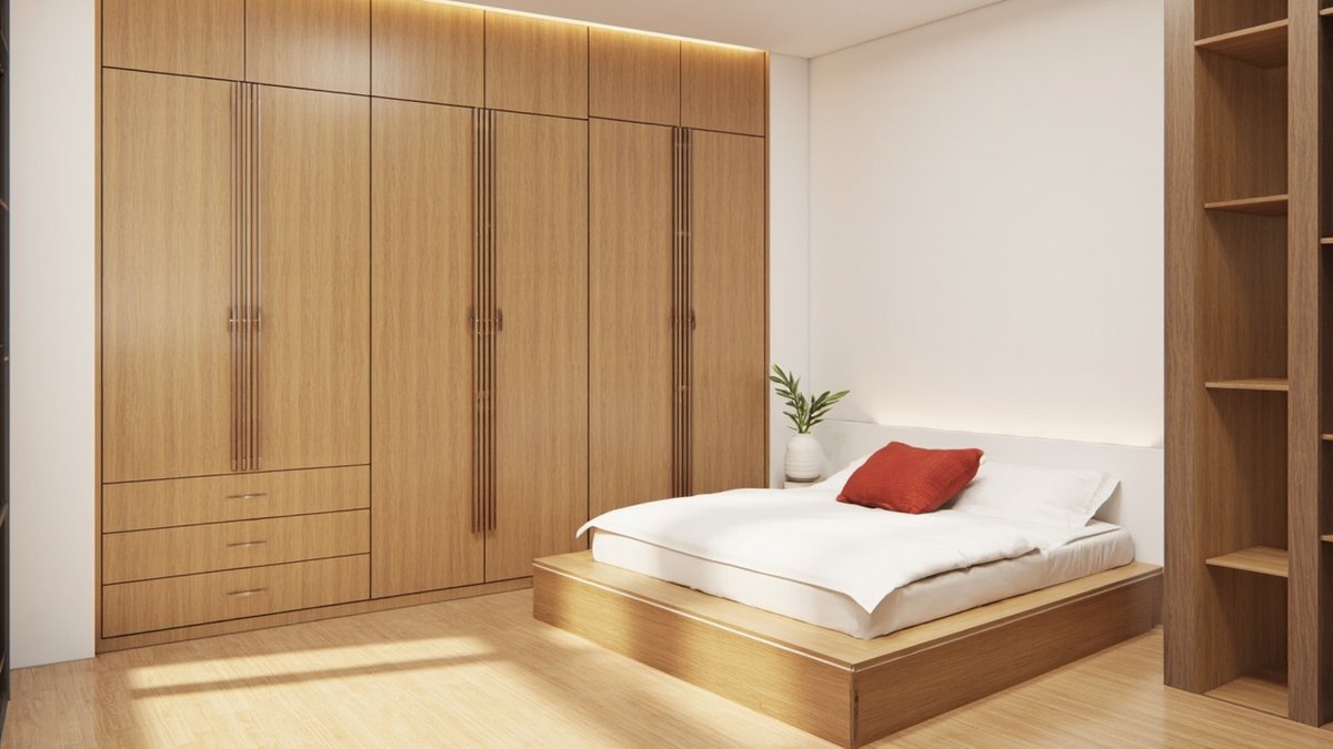 Illustrative concept design: guest bedroom with a built-in oak platform bed, a red cushion and a full-height oak wardrobe wall