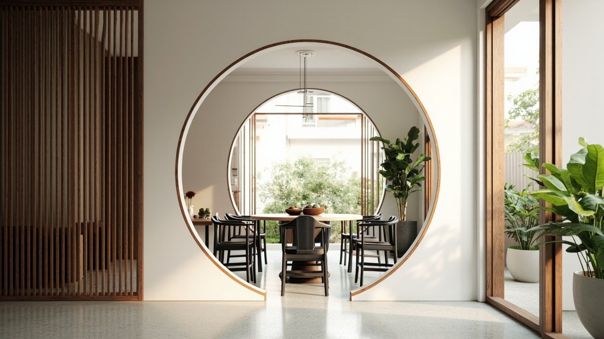 Illustrative concept design: modern Chinese living space with a round moon-gate opening edged in timber, framing the dining table