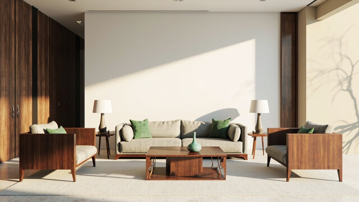 Illustrative concept design: symmetrical modern Chinese living room with paired walnut armchairs, paired ceramic lamps and a celadon vase