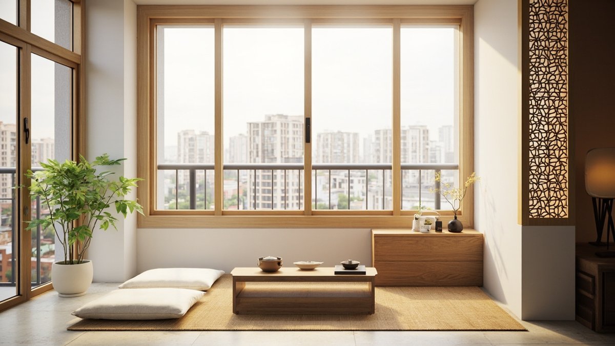 Illustrative concept design: tea corner on an enclosed condo balcony with a low oak tea table, a clay tea set and linen floor cushions
