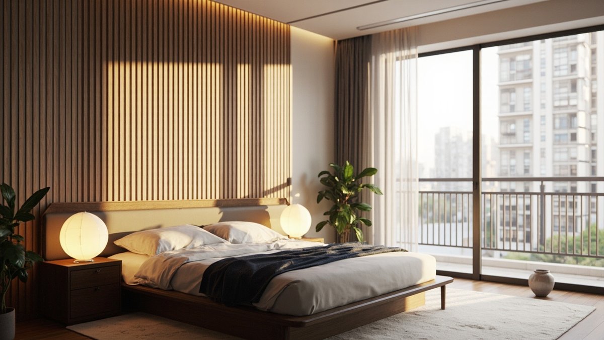Illustrative concept design: modern Chinese master bedroom with a teak slatted wall, an indigo throw and paired round paper lamps
