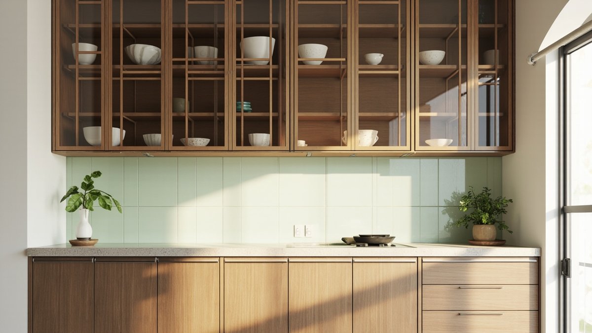 Illustrative concept design: modern Chinese kitchen with walnut grid glass wall cabinets, a celadon tile backsplash and oak base cabinets
