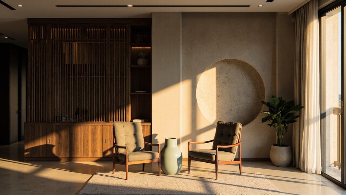 Modern Chinese style condo living room with a backlit timber lattice screen and walnut TV wall