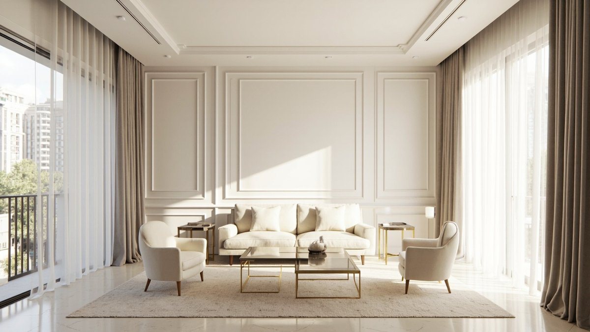 Illustrative concept design: symmetrical modern classic living room with cream box mouldings, a cream sofa and two curved armchairs