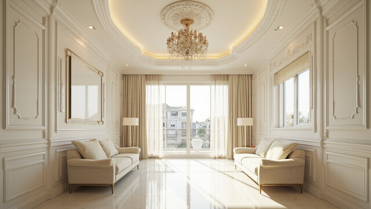 Illustrative concept design: tall modern classic living room with full-height cream panelling, a ceiling medallion and a crystal chandelier