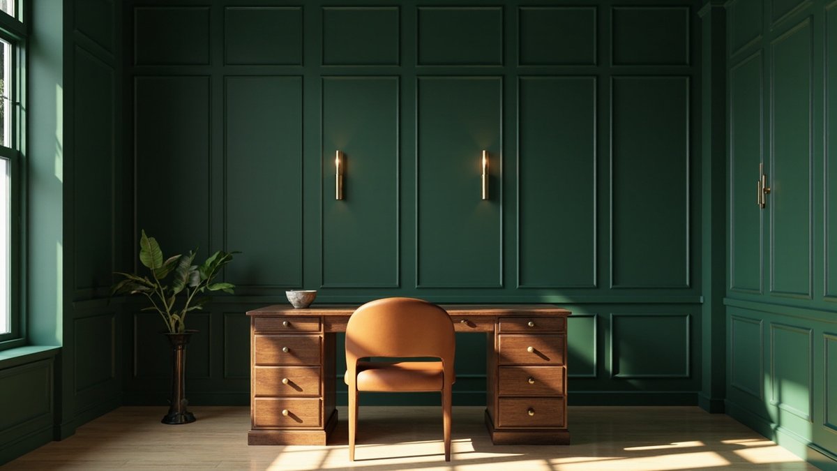 Illustrative concept design: study with deep forest green panelled walls, brass wall lights and a walnut pedestal desk