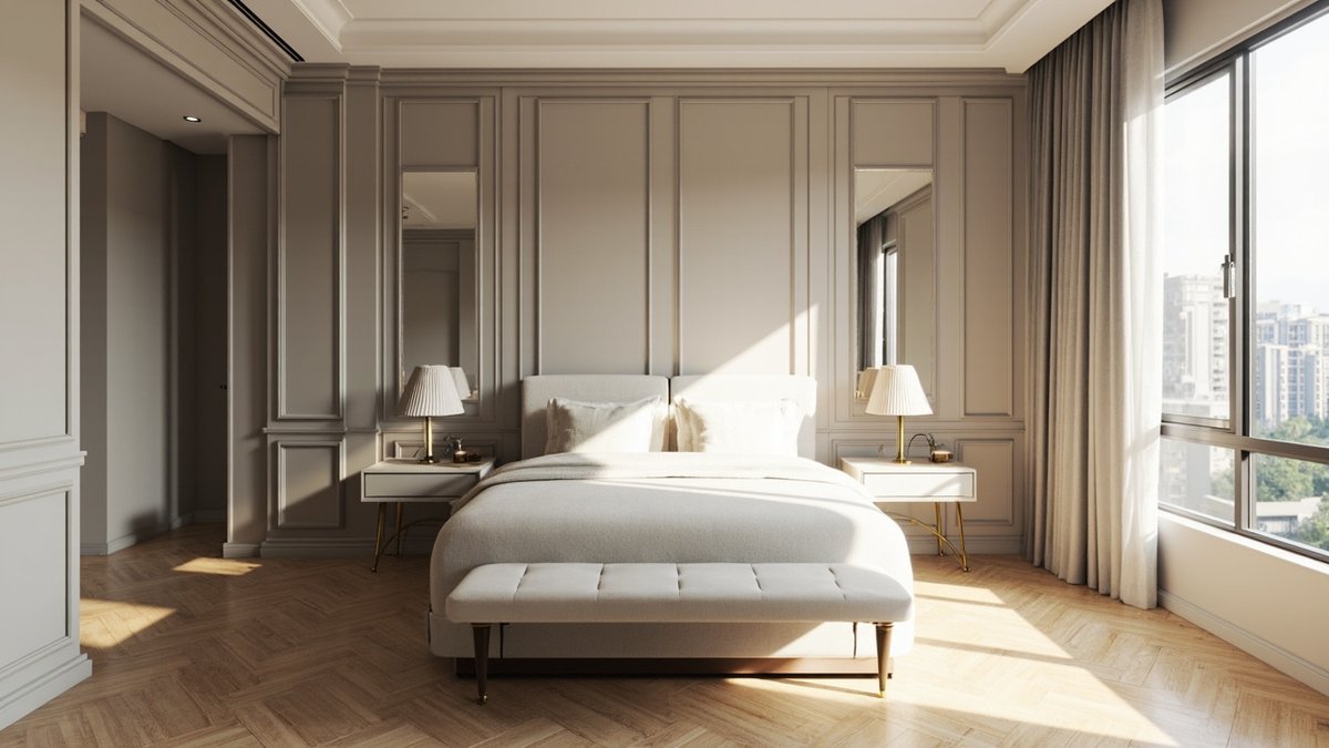 Illustrative concept design: symmetrical master bedroom with a herringbone oak floor and a greige panelled headboard wall