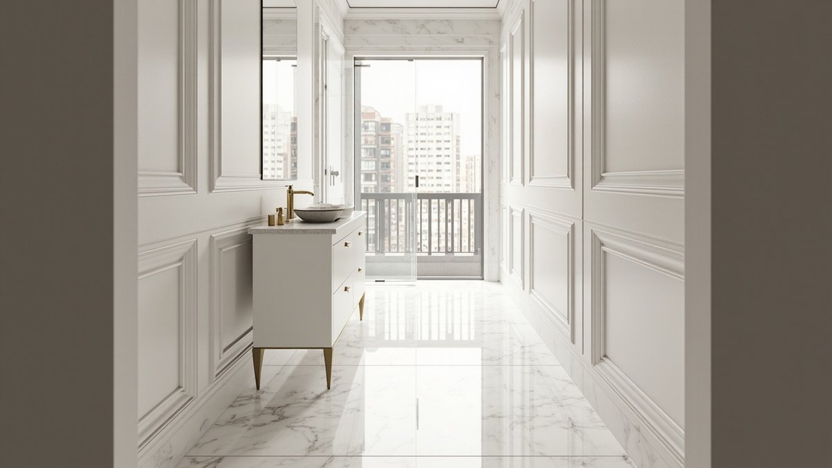 Illustrative concept design: classic bathroom with white panelled walls, a marble-look floor and a vanity on brass legs
