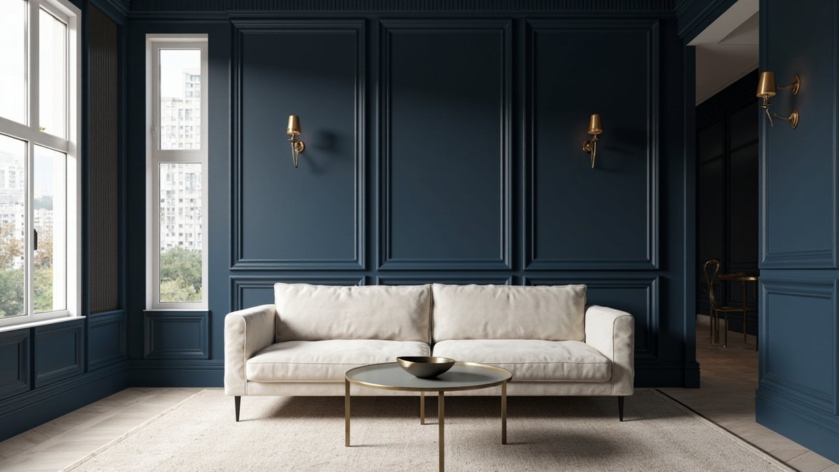 Illustrative concept design: living room with navy moulded panel walls, brass sconces and a cream sofa
