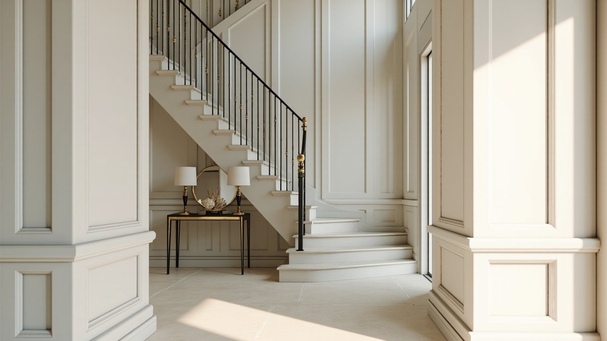 Illustrative concept design: landed entrance hall with full-height cream panelling and a white stair with black balusters