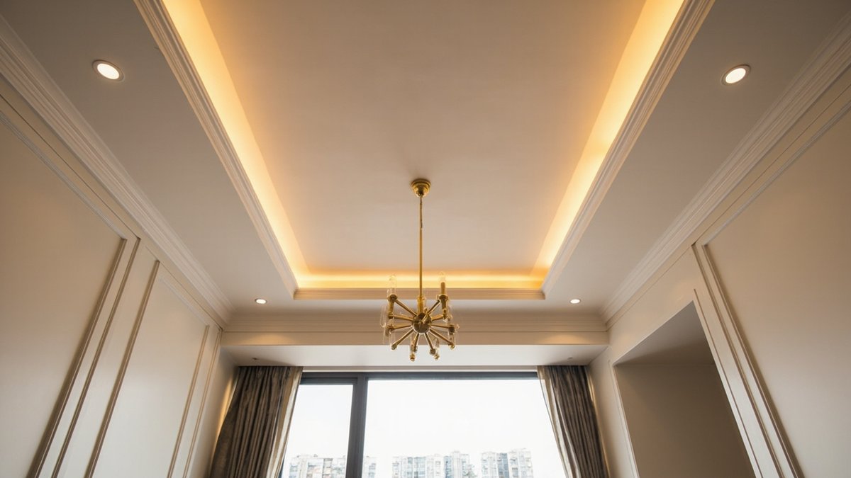 Illustrative concept design: living room ceiling with a lit stepped tray, slim cornices and a small brass chandelier