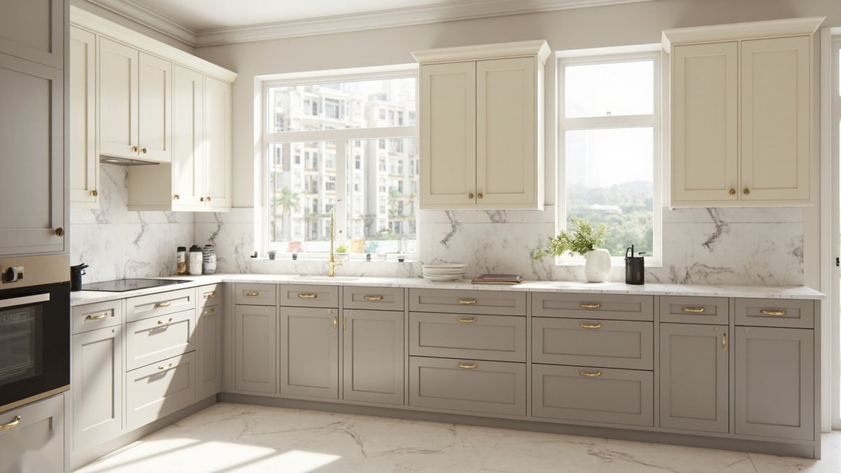 Illustrative concept design: two-tone shaker kitchen with cream wall units, greige base units and brass handles