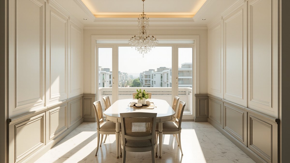 Illustrative concept design: modern classic dining room with greige wainscoting, a crystal chandelier and cane-back chairs