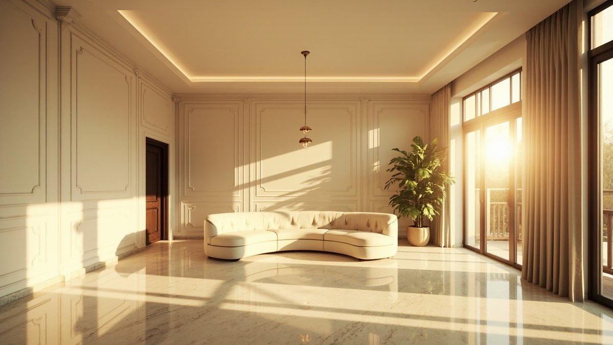 Modern classic living room with white panel mouldings, a slim cornice, marble-look floor and brass pendant