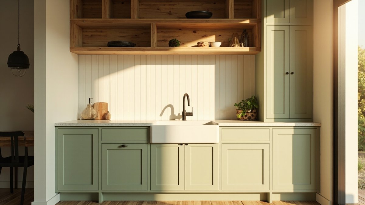 Modern farmhouse dry kitchen with shaker cabinets, beadboard wall and a fireclay sink
