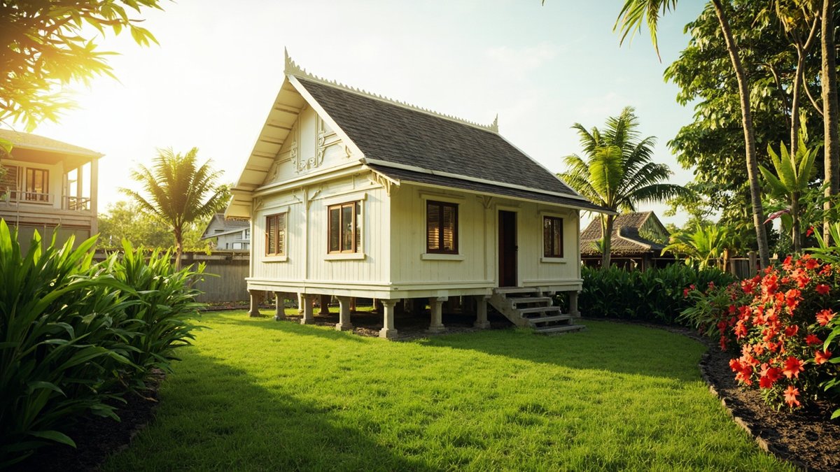 Illustrative concept design: cream kampung house on short posts facing a curved lawn edged with red flowering shrubs and planting beds