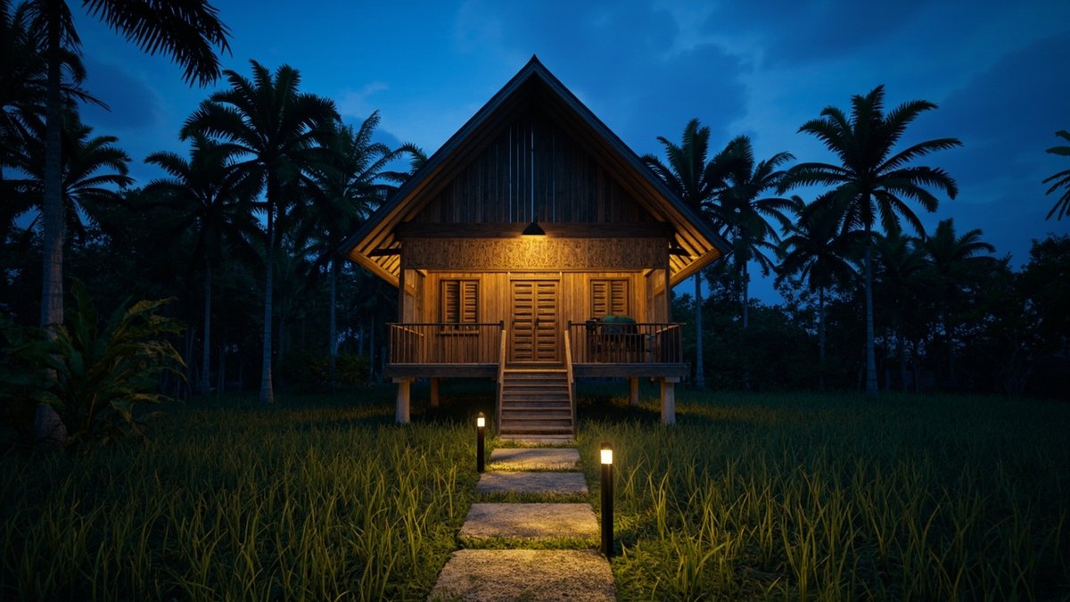 Illustrative concept design: timber kampung house at dusk with bollard lights along a stepping-stone path and a warm verandah light