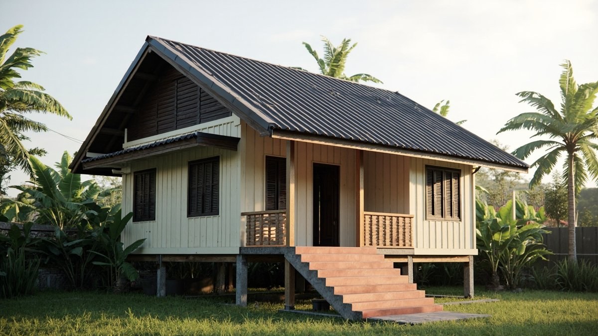 Ilustrasi konsep reka bentuk: rumah kampung yang dibaik pulih di atas tiang rendah dengan dinding papan krim, bidai ram gelap, bumbung metal arang dan tangga depan berjubin terracotta