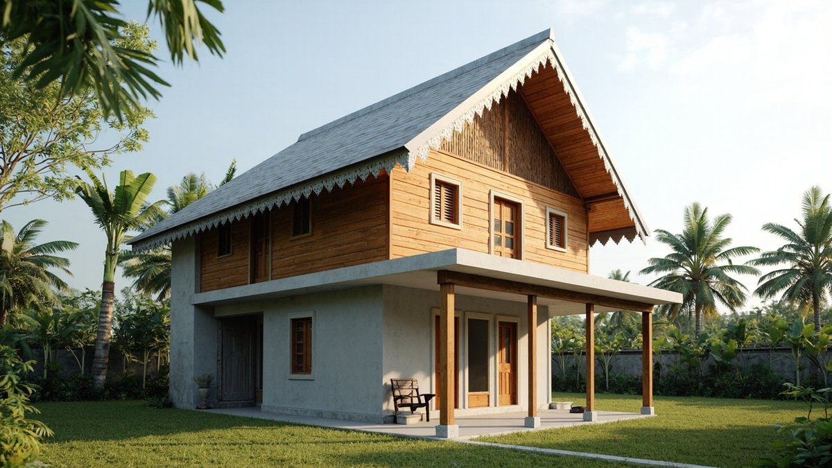 Illustrative concept design: grey rendered ground floor with a timber-posted verandah under a timber plank upper floor with louvres and carved white fascia