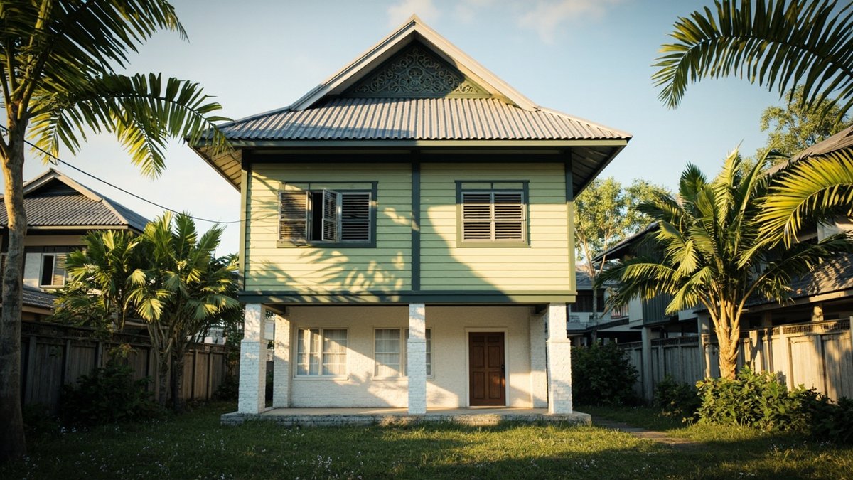 Illustrative concept design: half-brick kampung house with a white brick ground floor and a pale green timber upper floor with louvred windows