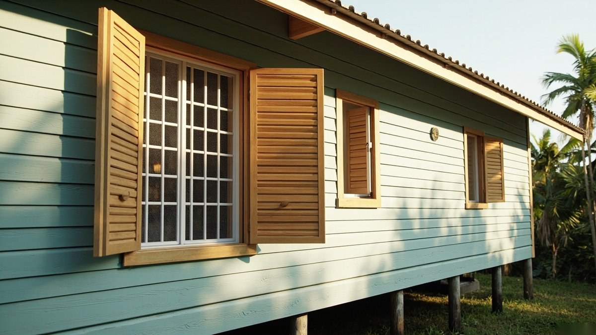 Illustrative concept design: pale blue plank wall with open timber louvred shutters around a white-framed grid screen in the window