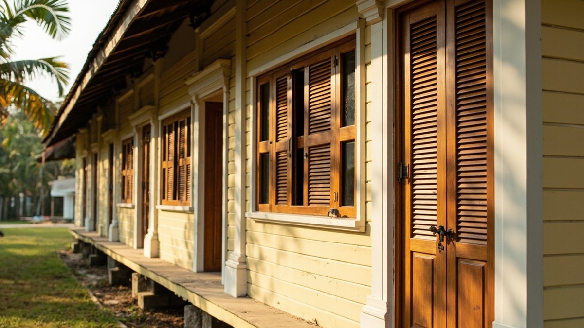 Illustrative concept design: pale yellow plank wall with a row of varnished timber louvred windows and doors in white frames
