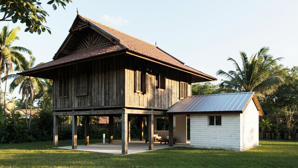 Illustrative concept design: weathered timber kampung house on tall posts with a small white brick annex with a metal roof beside it