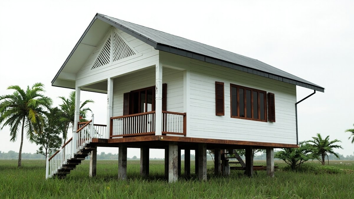 Illustrative concept design: white plank house on tall posts with dark timber rails and shutters, a slatted gable vent and a grey metal roof