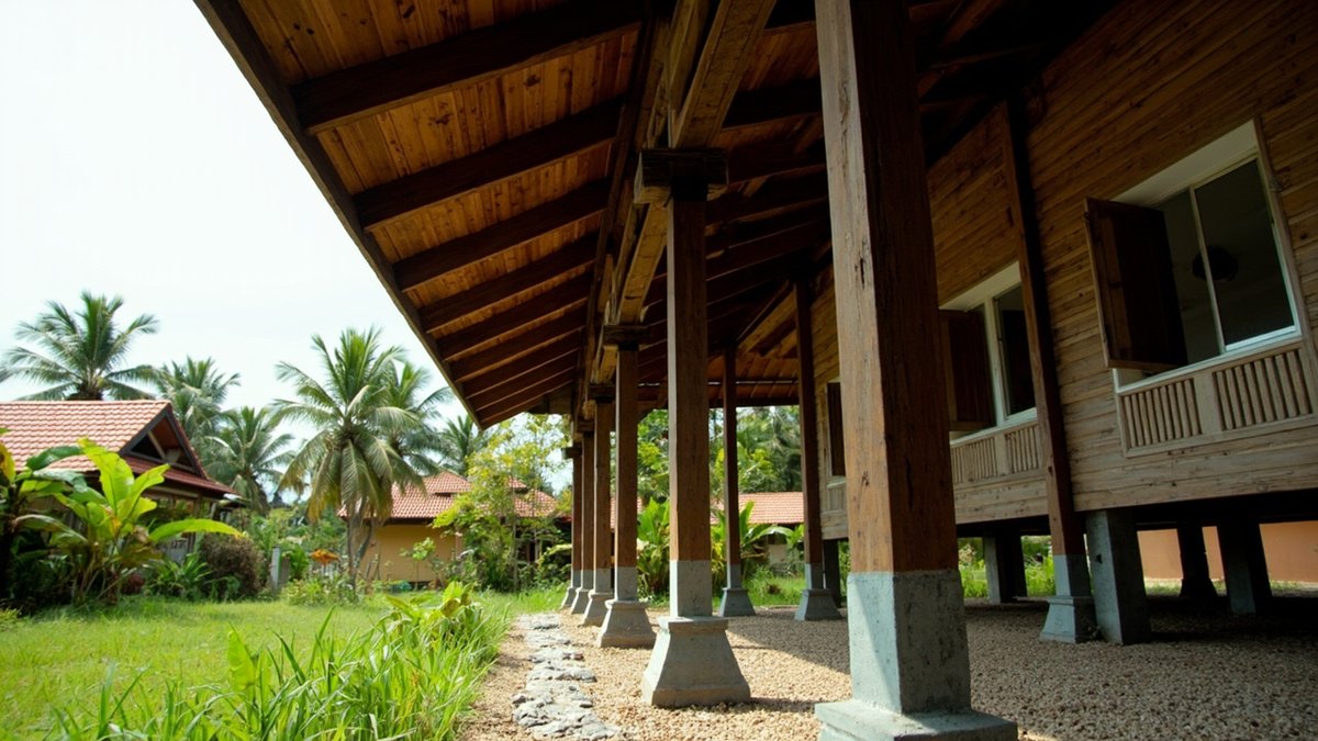 Illustrative concept design: timber posts of a raised kampung house standing on new square concrete stumps with gravel underneath