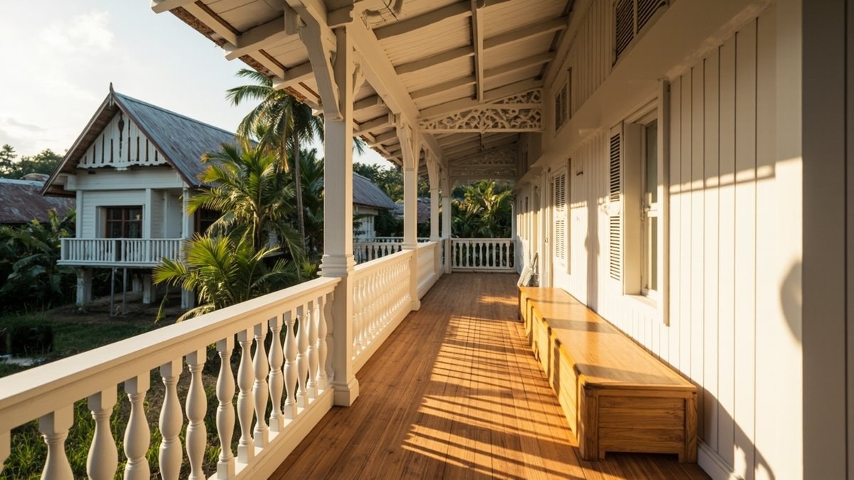 Illustrative concept design: white timber serambi verandah with turned balusters, varnished floor boards and a long timber bench