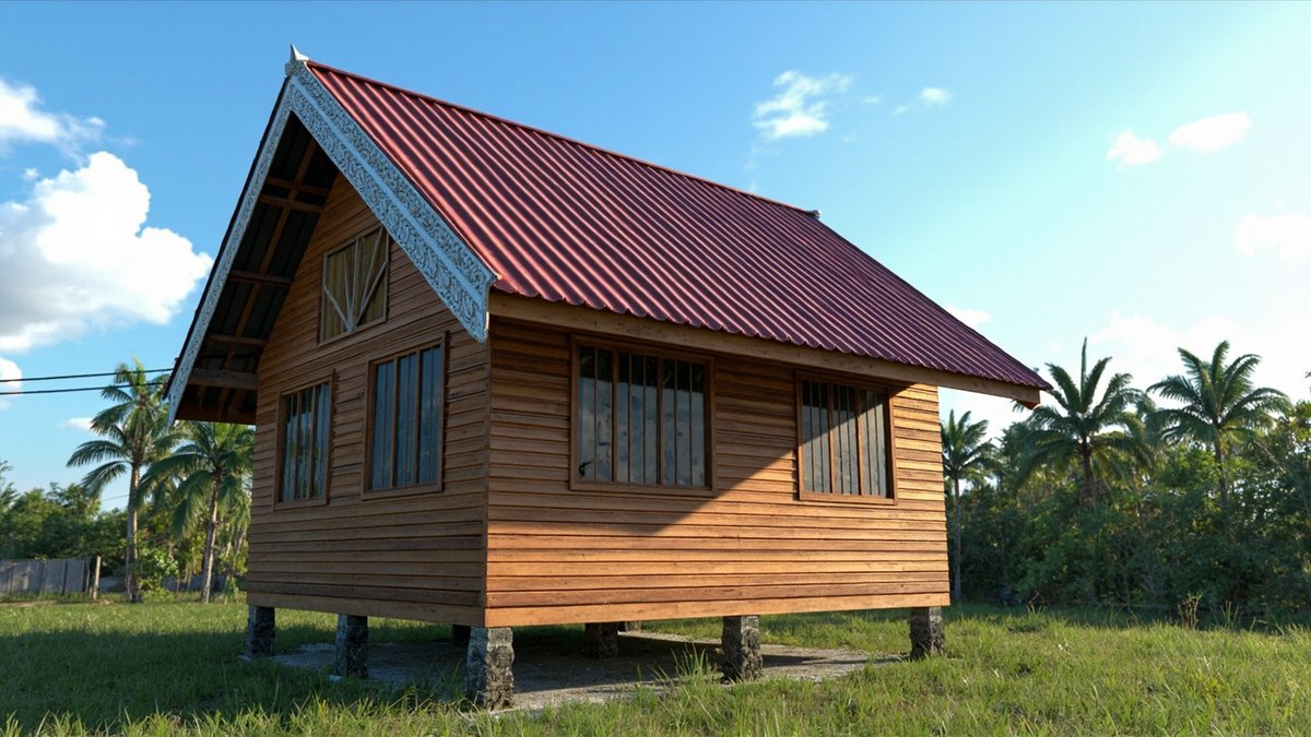 Illustrative concept design: timber plank kampung house with a steep red metal-deck roof, a carved white gable fascia and a slatted vent