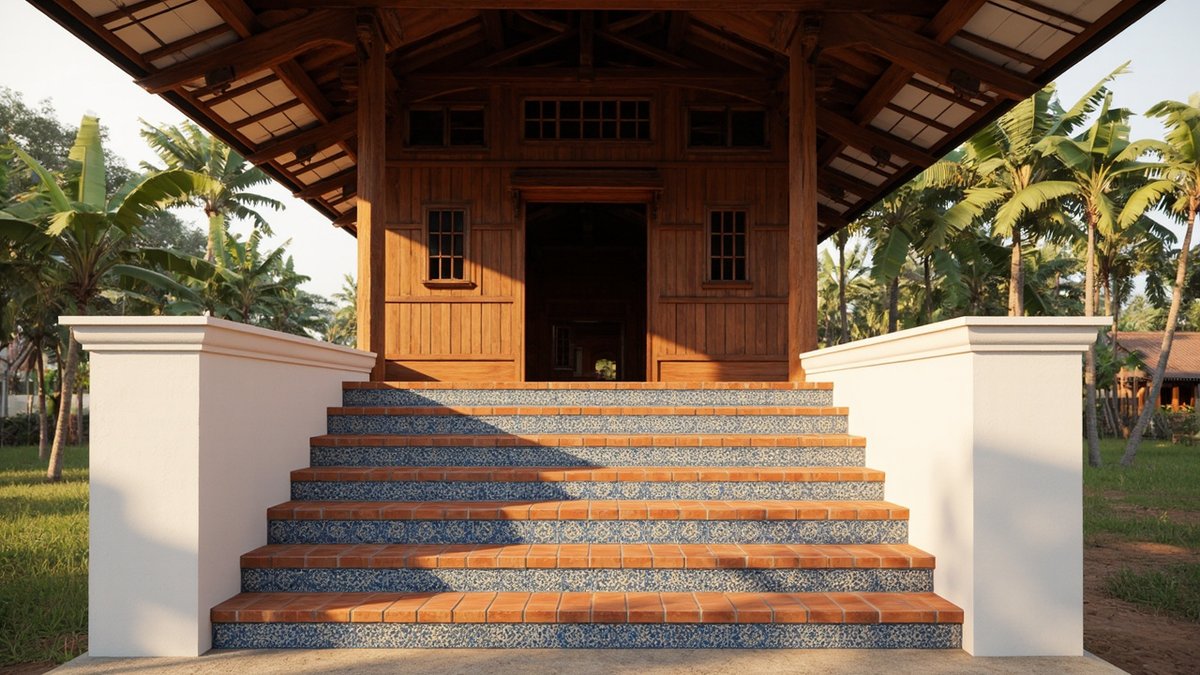Illustrative concept design: masonry front stair with blue-and-white patterned riser tiles and terracotta treads between white cheek walls