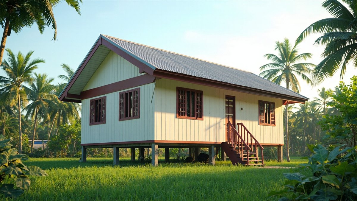 Illustrative concept design: cream plank kampung house on posts with maroon window frames, fascia and stair rails under a grey corrugated roof