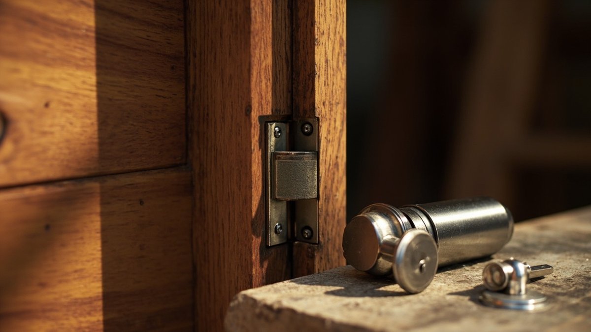 Badan kunci mortis di tepi pintu kayu padu bersebelahan set kunci tuil dan silinder euro