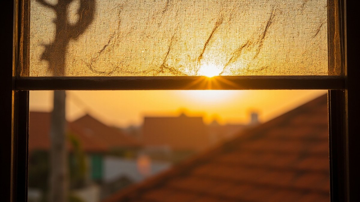 Retractable mosquito screen half-drawn across an open window