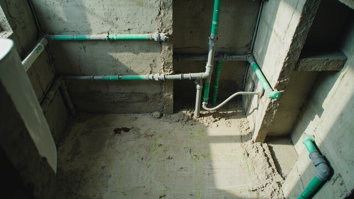 Bathroom mid-renovation with new supply and waste pipes laid before the walls are closed