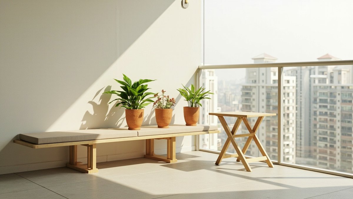 Illustrative concept design: Muji-style condo balcony with a light beech bench holding three terracotta plant pots and a folding table