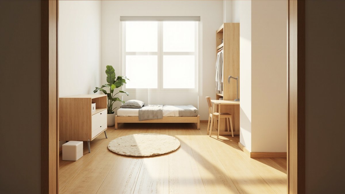 Illustrative concept design: Muji-style child's bedroom with a low beech bed, a beech cabinet with white drawers and a round cream rug