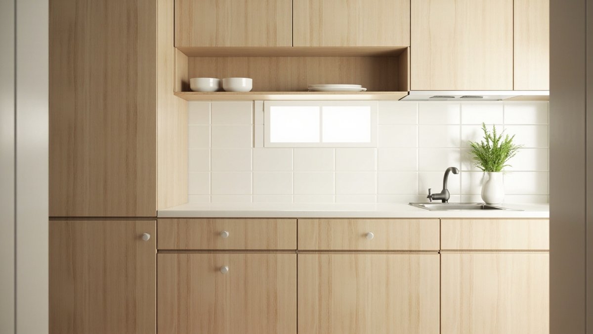Illustrative concept design: Muji-style kitchen with light ash wood-grain cabinets, round white knobs and one open shelf of white bowls