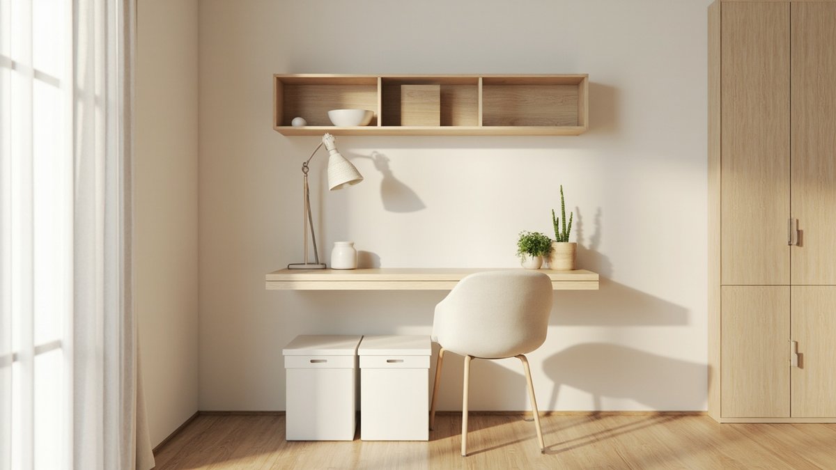 Illustrative concept design: Muji-style study nook with a light oak floating desk, an open three-cube wall shelf and two white storage boxes