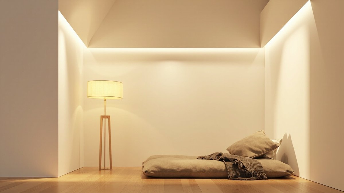 Illustrative concept design: Muji-style evening corner with a glowing linen floor lamp on a wood tripod and a beige floor cushion