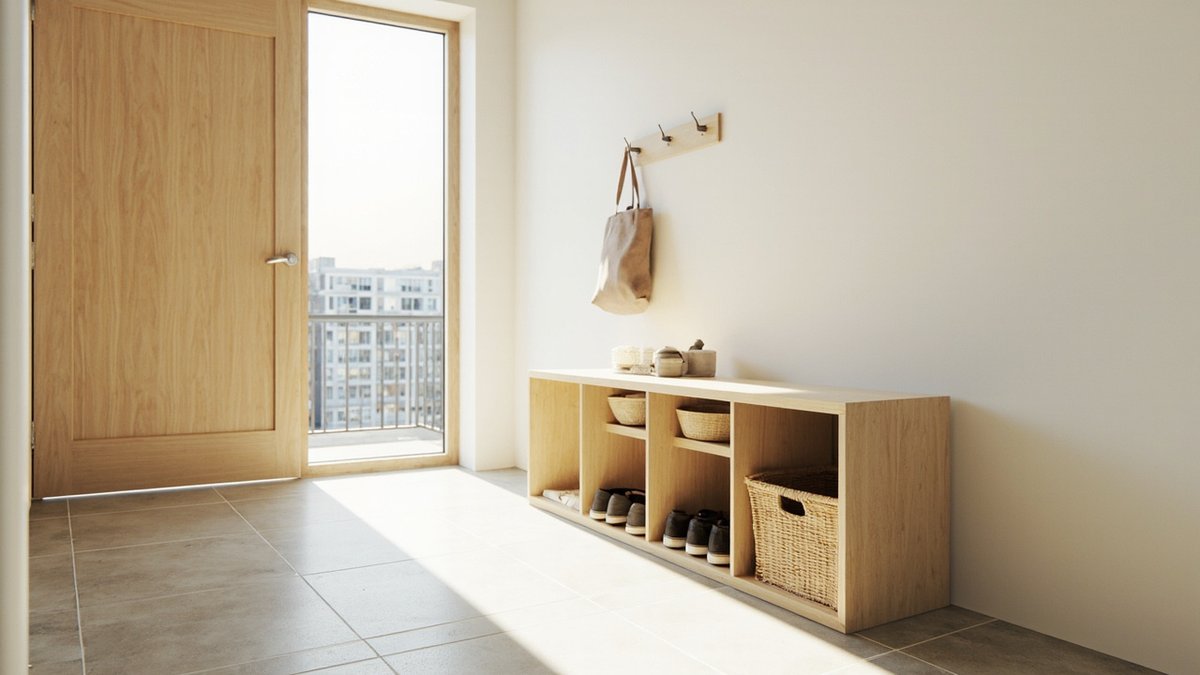Illustrative concept design: Muji-style condo entrance with a low light oak cube unit for shoes and baskets and an oak peg rail