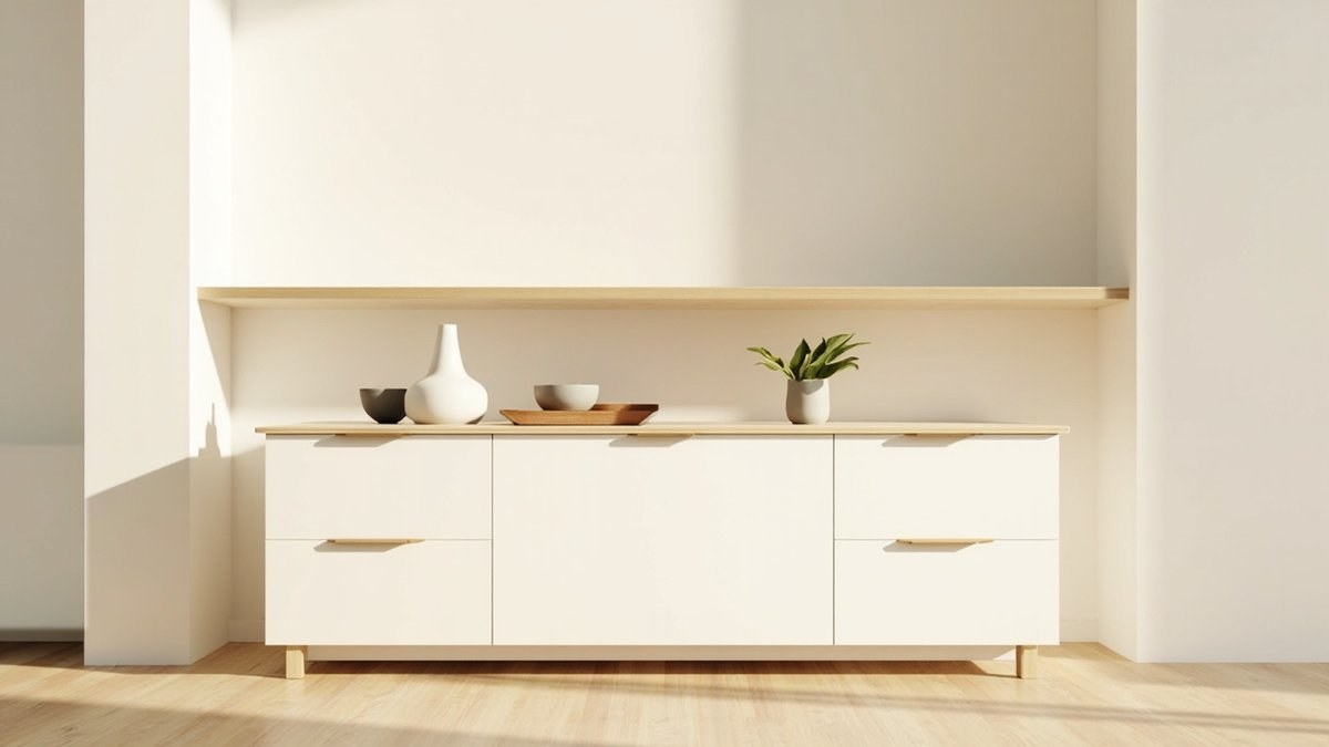 Illustrative concept design: Muji-style dining wall with a white sideboard holding four plain objects under a bare light wood shelf